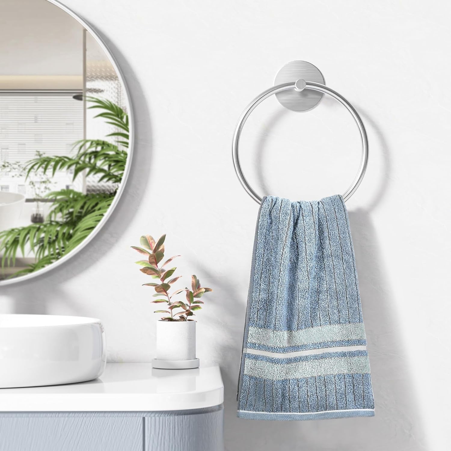 Nickel Brushed Bathroom Towel Ring - SUS304 Stainless Steel Bathroom Towel Rack,  Adhesive Wall Mounted Hand Towels Holder, Towel Hanger for Bathroom Organizer, Kitchen Storage