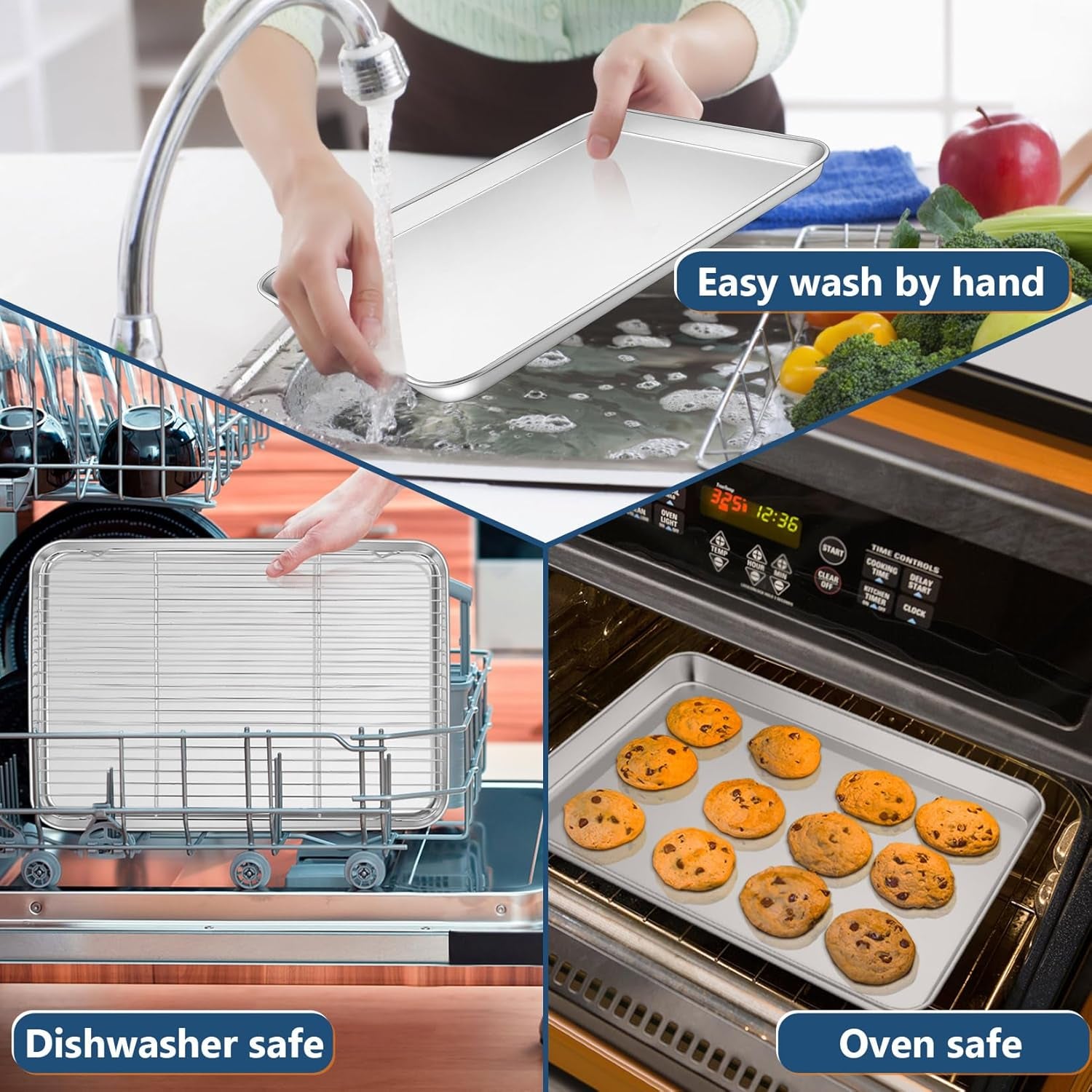 17.5 + 16 + 10.4 Inch Baking Sheets with Racks Set, Stainless Steel Baking Cookie Sheet Oven Pan and Cooling Rack, Healthy & Easy Clean, Oven & Dishwasher Safe, 3 Sizes & 6Pcs
