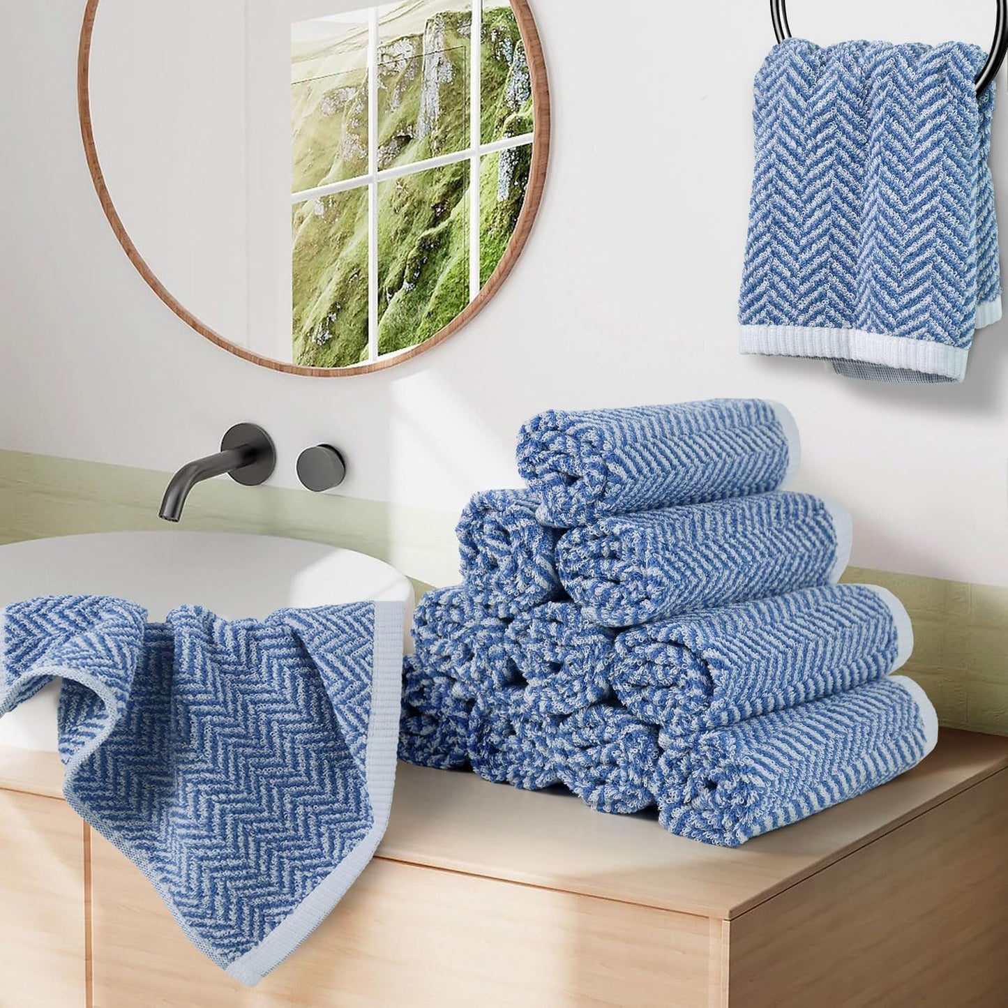 Wash Cloths for Your Face and Body, 12 Washcloths for Showering with Decorative Herringbone Stripes, 100% Cotton, Light Blue, 13 X 13 Inches