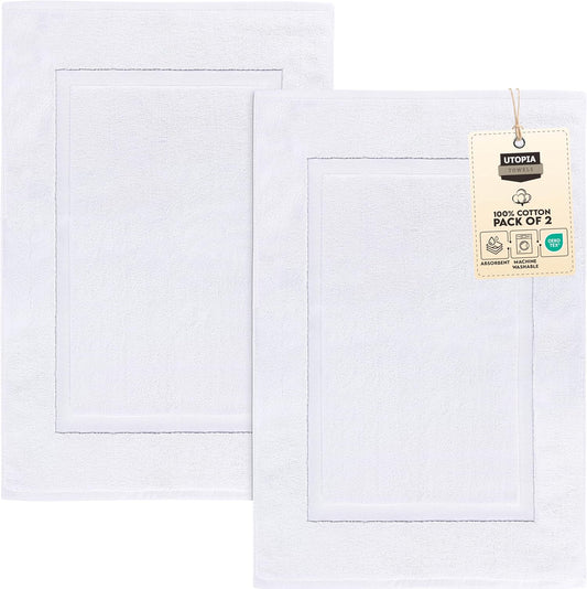 Cotton Banded Rug, Bath Mats, Not a Bathroom Rug, 21 by 34 Inches, 100% Ring Spun Cotton, Highly Absorbent Shower Bathroom Floor Mat, White, 2 Pack