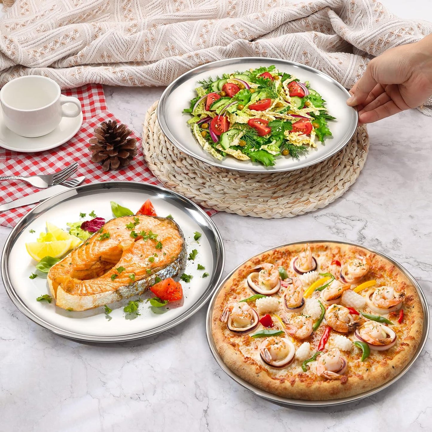 10 Inch Pizza Pan, Stainless Steel round Pizza Tray Baking Pans, Pizzas Plate Serving Tray for Cookie Meat, Oven & Dishwasher Safe & Easy Cleaning, (Mirror Finish) - 8 Pieces
