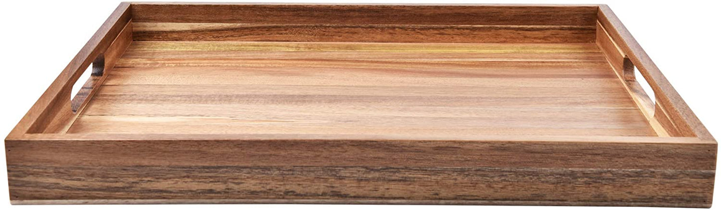 Acacia Wood Serving Tray with Handles (17 Inches) – Decorative Serving Trays Platter for Breakfast in Bed, Lunch, Dinner, Appetizers, Patio, Ottoman, Coffee Table, BBQ, Party –Great for Lap &Couch