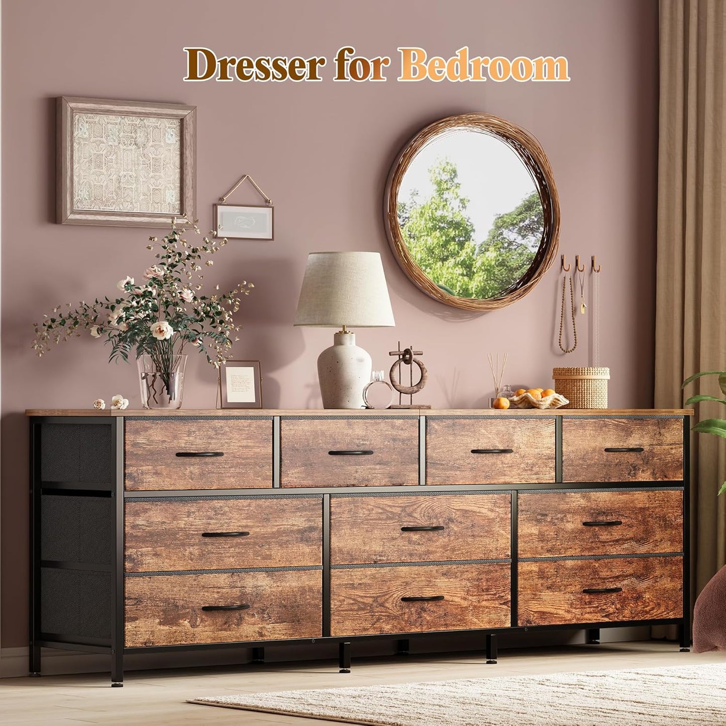 63-Inch Rustic Brown Dresser with 10 Fabric Drawers, Versatile TV Stand for 55 to 70 Inch TVs, Ideal Toy Storage Organizer for Bedrooms and Closets