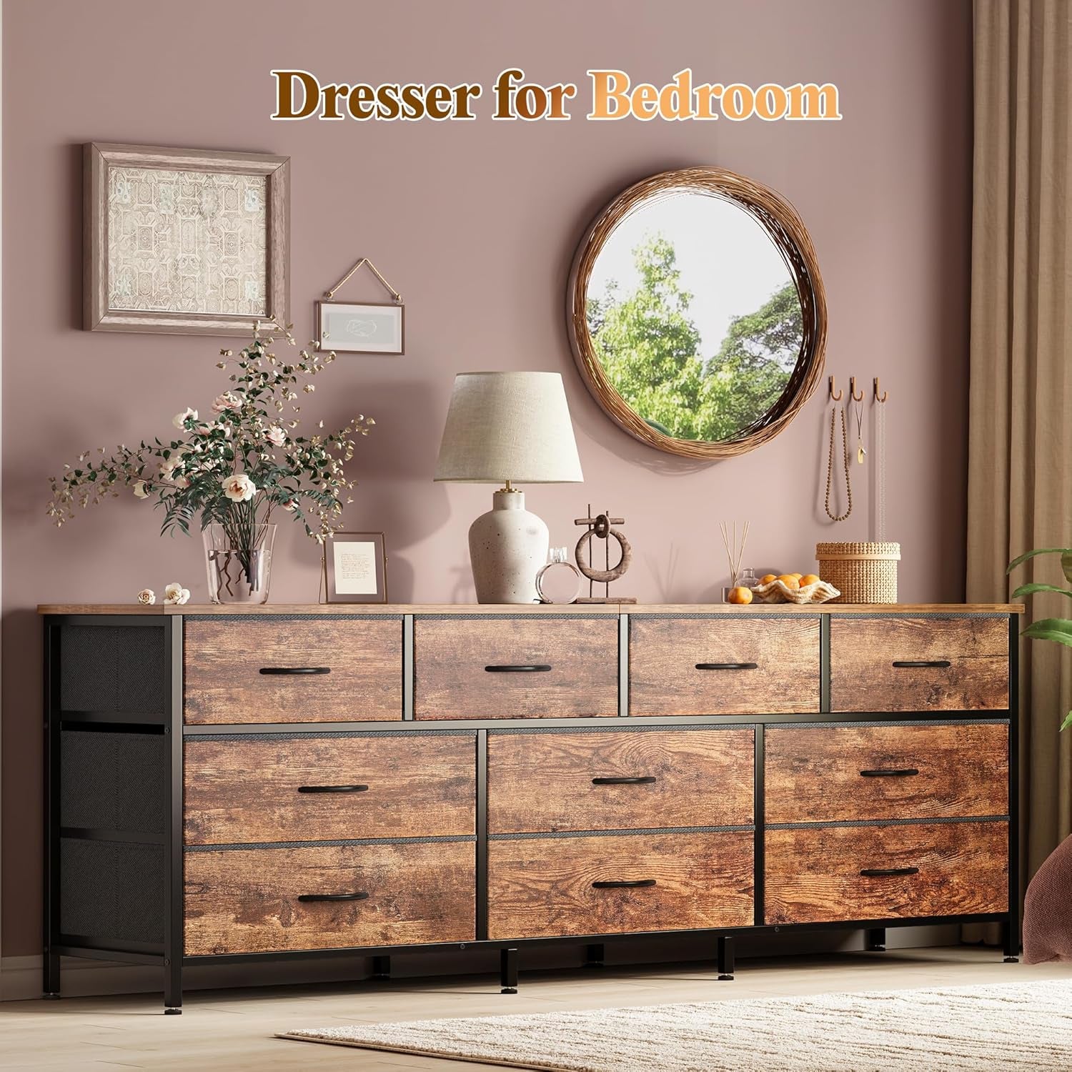 63-Inch Rustic Brown Dresser with 10 Fabric Drawers, Versatile TV Stand for 55 to 70 Inch TVs, Ideal Toy Storage Organizer for Bedrooms and Closets