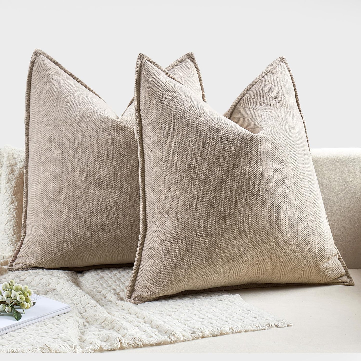 Pack of 2 Beige Decorative Pillow Covers 18X18 Inch Soft Chenille Luxurious Couch Throw Pillows Farmhouse Cushion Covers with Elegant Design for Sofa Bedroom Living Room Home Decor