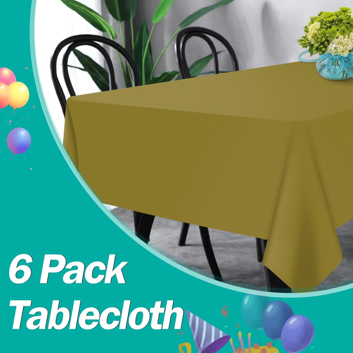 Gold 6 Pack Plastic Table Cloth 54" X 108", Disposable Tablecloths Rectangle Table Cover, Plastic Tablecloths for Parties