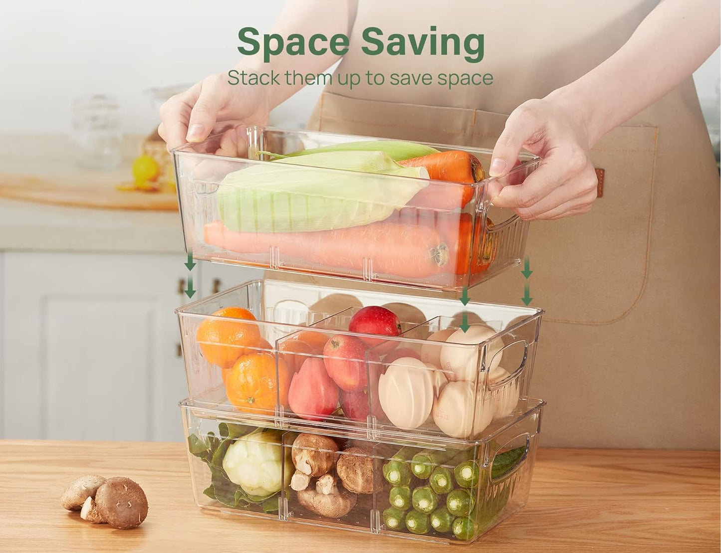 Refrigerator Organizer Bins with Removable Dividers, Freezer Organizer Bins Clear Pantry Organization and Storage Bins, Plastic Stackable Food Storage Bins for Fridge, Kitchen, Cabinet (4 Pack)