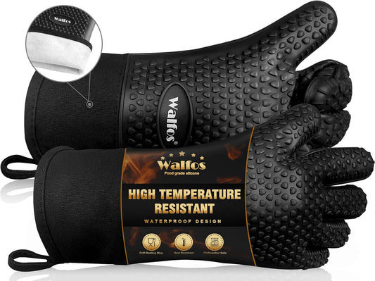 Silicone BBQ Gloves - Heat Resistant Grilling Gloves, Premium Non-Slip Kitchen Silicone Oven Mitt with Protective Cotton Layer Inside, Waterproof, Great for Grilling, Kitchen and Cooking, Black