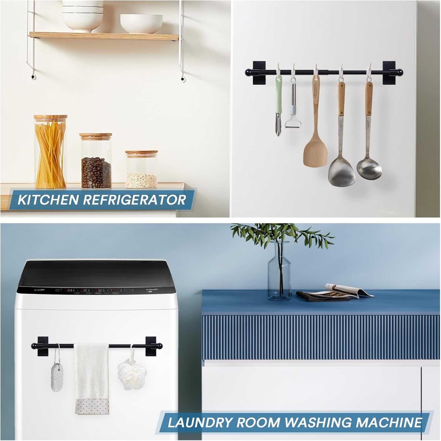 2 PACK Magnetic Curtain Rods for Metal Doors Top and Bottom Multi-Use Adjustable Appliances for Iron and Steel Place, Petite Ball Ends, 9 to 16 Inch, 1/2 Inch Diameter, Black