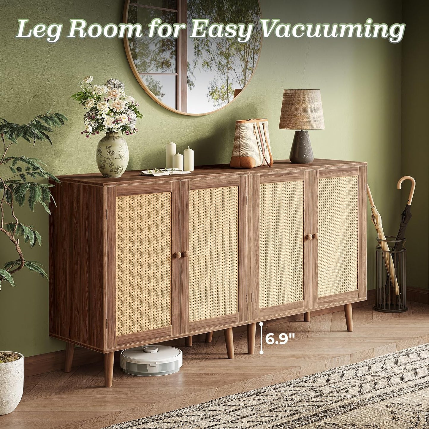 Walnut Buffet Cabinet with Synthetic Rattan Door Accents and Solid Wood Legs for Hallway, Entryway, and Living Room Storage
