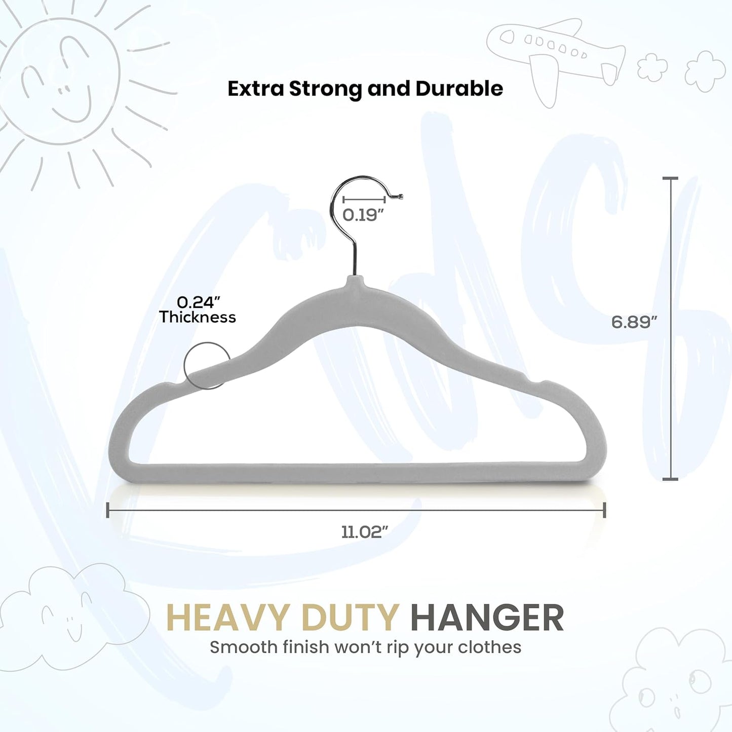 Kids Hangers Velvet (50 Pack) - 11 Inch Durable Baby Hangers for Closet - Perfect for Toddler & Non Slip for Everyday Use (Grey)