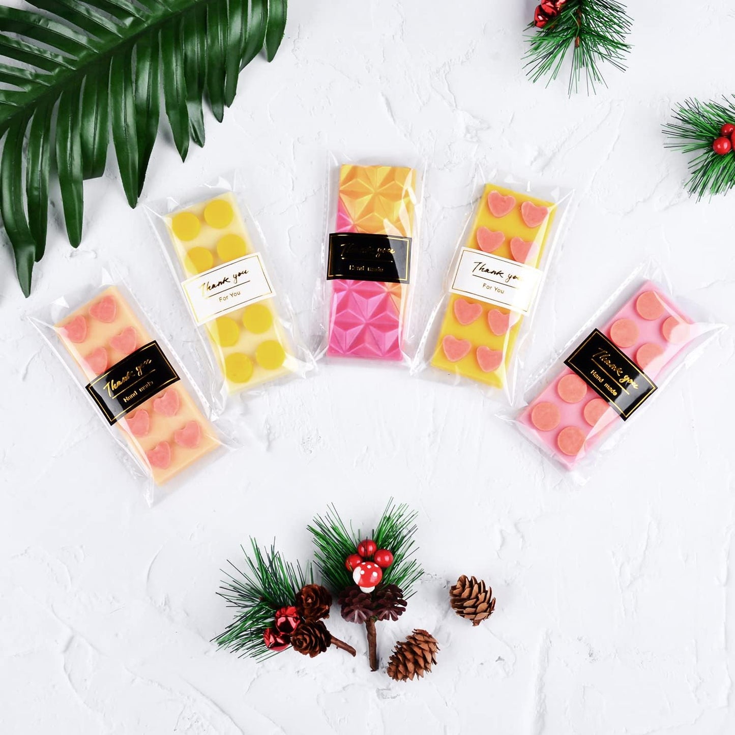 Knafeh Pistachio Chocolate Wrappers with Thank You Stickers - 100 Pcs Self-Adhesive Plastic Wax Melt Snap Bar Bags (2.5 x 7.1 Inch)