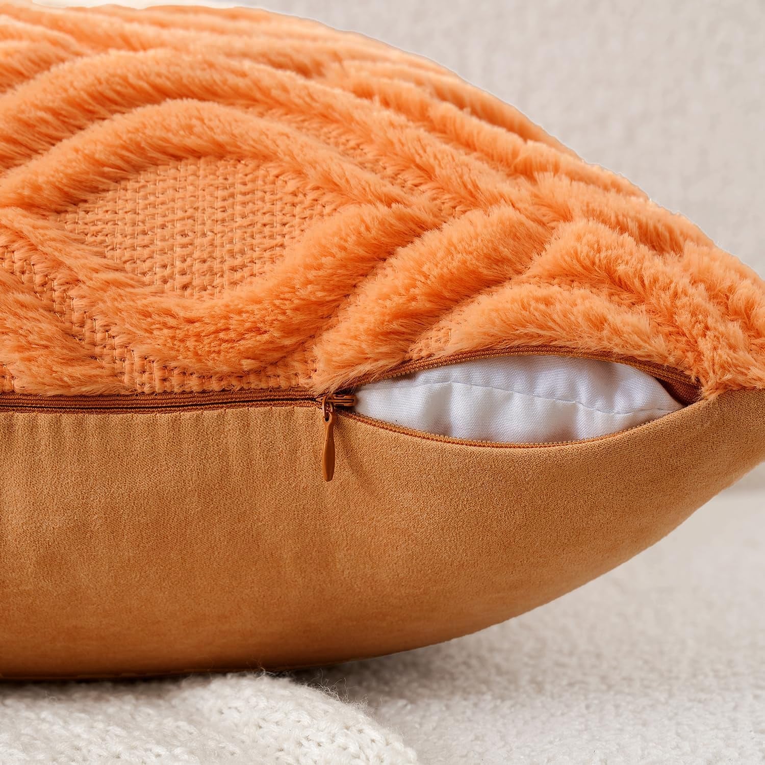 Bright Orange Fall Throw Pillow Covers, 18x18 Inch Soft Plush Faux Wool Set of 2, Decorative Farmhouse Boho Cushions for Sofa and Living Room Home Decor