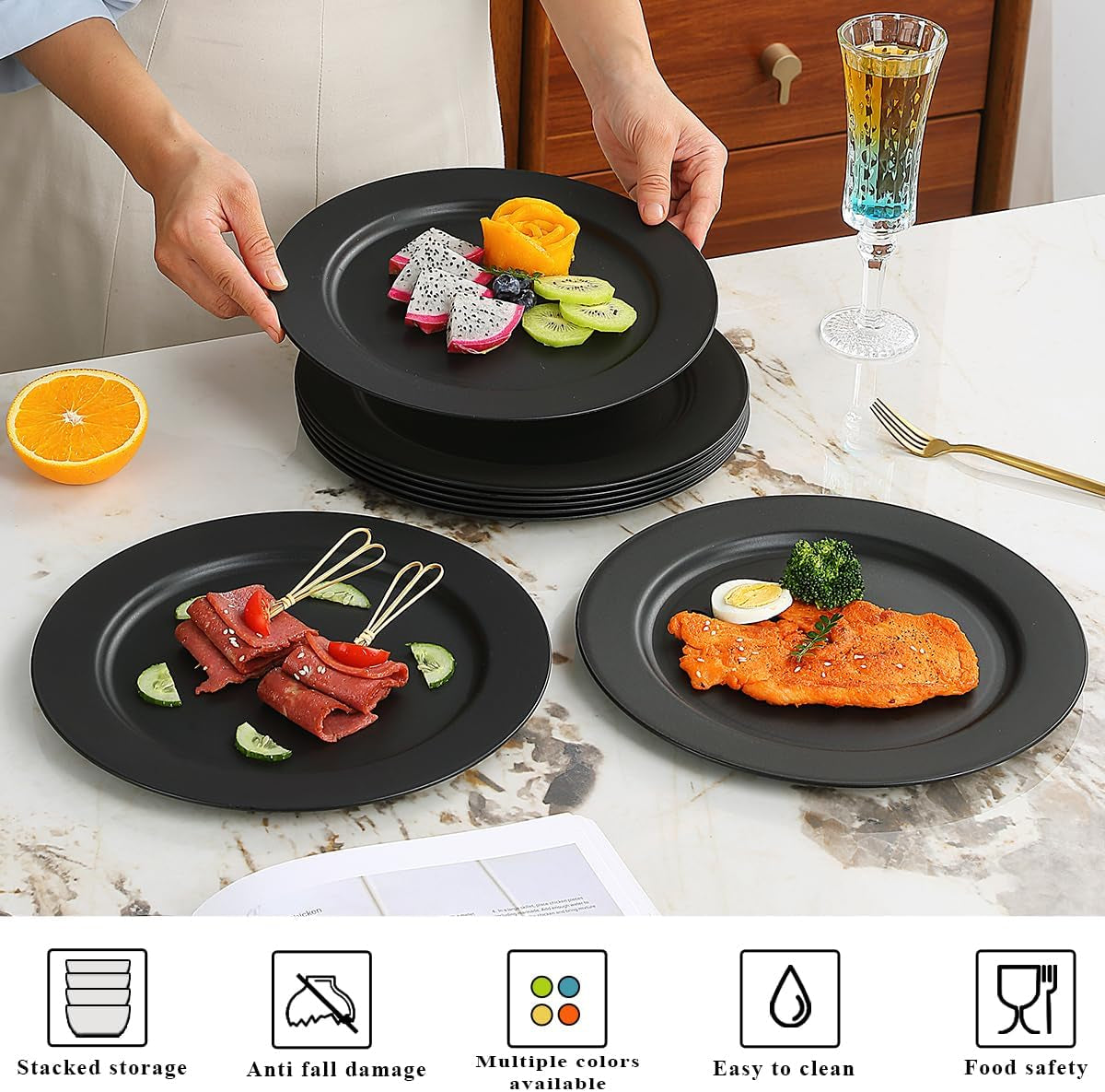 Set of 8 Reusable 10-Inch Black Plastic Plates - Versatile Dinner, Salad, and Pasta Dishes for Home, Garden, Picnic, Camping, and Outdoor Use