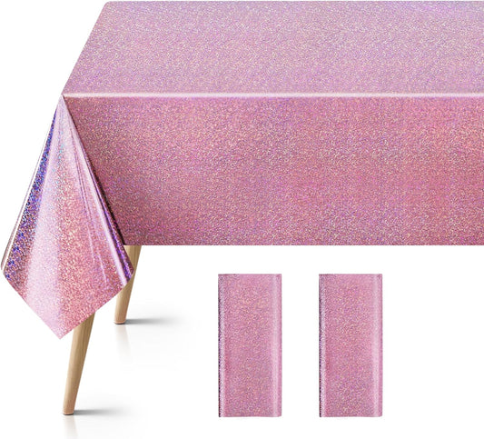 Light Pink Holographic Foil Tablecloths - Set of 2, 54x72 Durable Table Covers for Elegant Events, Perfect for Parties, Weddings, and Showers