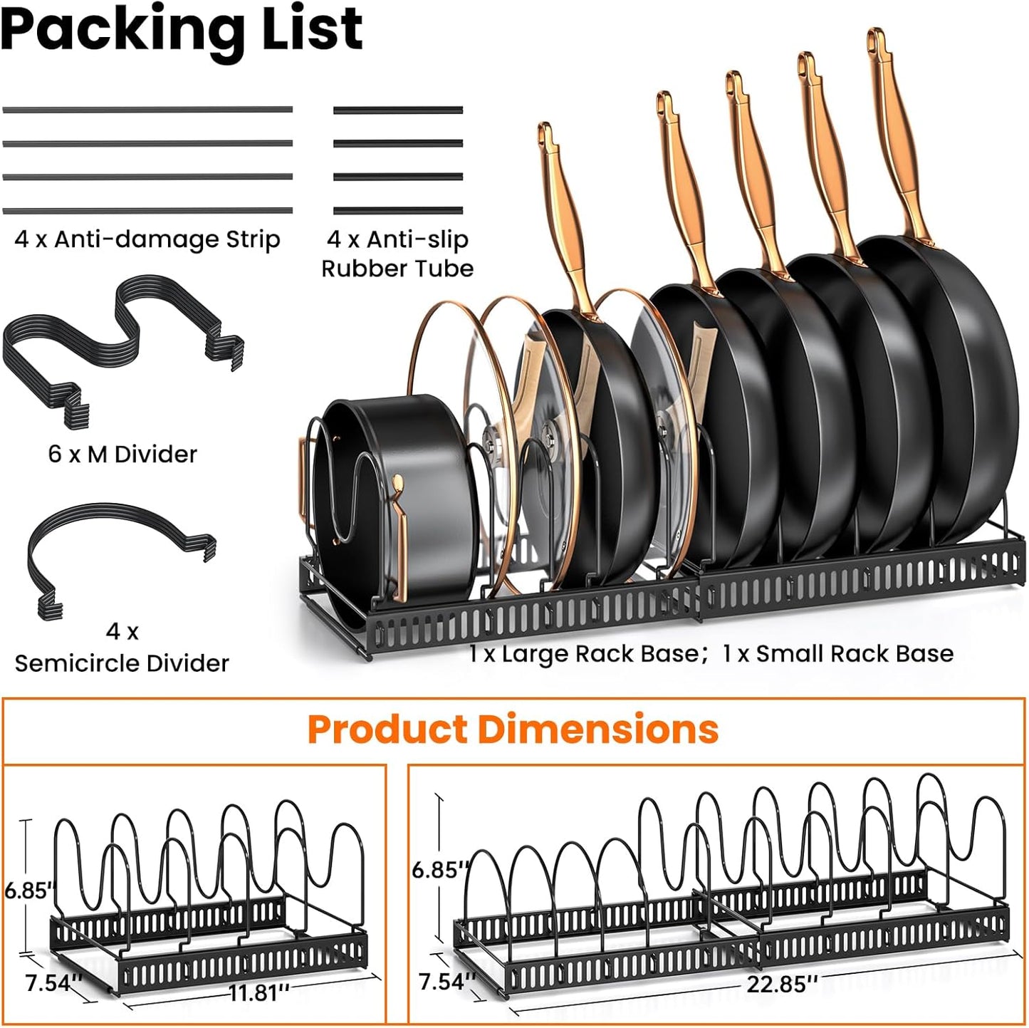 Pots and Pans Organizer Rack for under Cabinet, Expandable 11.71''-22.85'' Pot Lid Kitchen Cabinet Organizer Holder with 10 Adjustable Compartment Cutting Board Organizer for Pan Lid, Bakeware
