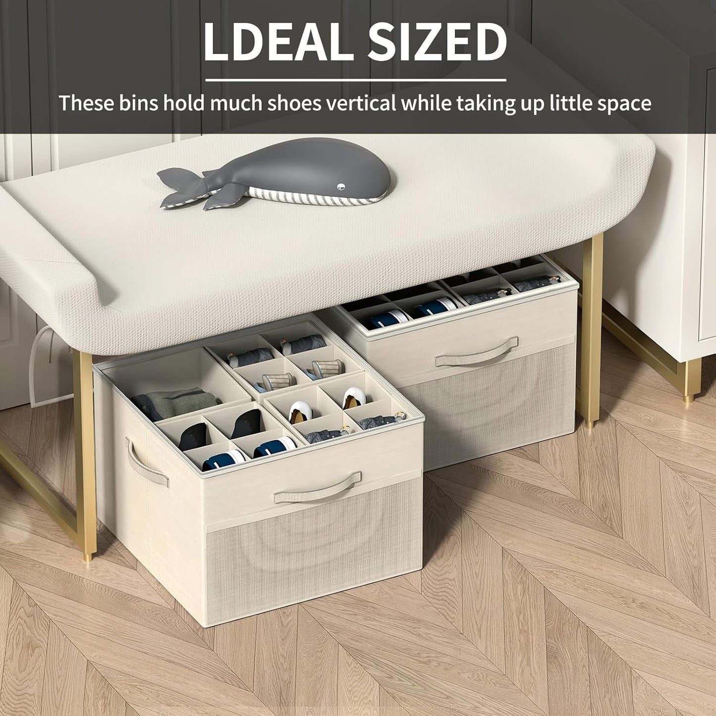 Shoe Organizer for Closet, 2 Pack Foldable Shoe Storage Organizer Box Bin with Adjustable Dividers and Clear Cover, Fits up to 16-32 Pairs (Beige)
