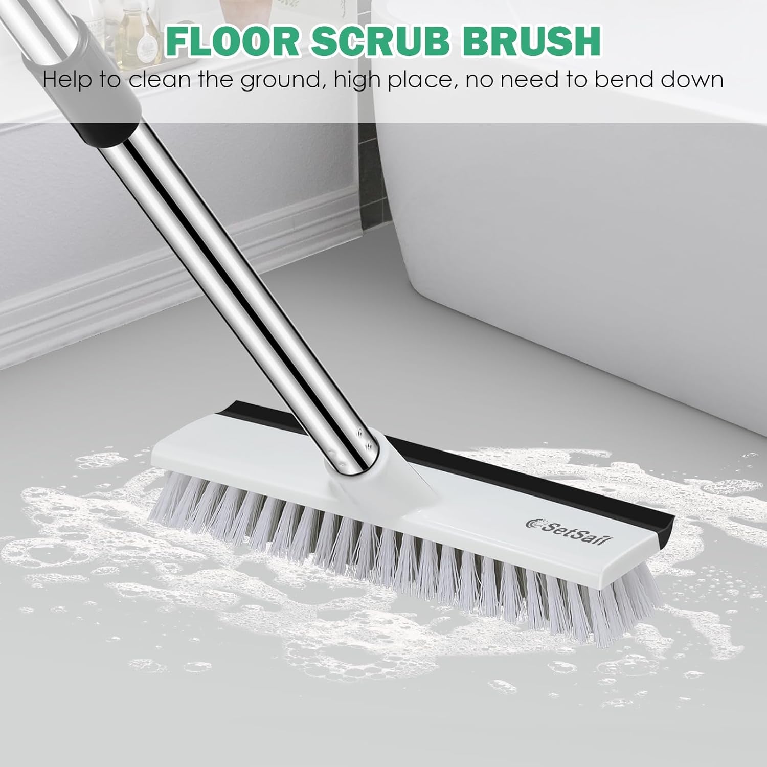 Floor Scrub Brush with 51-Inch Long Adjustable Handle 2 in 1 Scrape Brush Stiff Bristle Floor Scrubber for Cleaning Shower Bathroom Garage Kitchen Wall Deck Tub Tile
