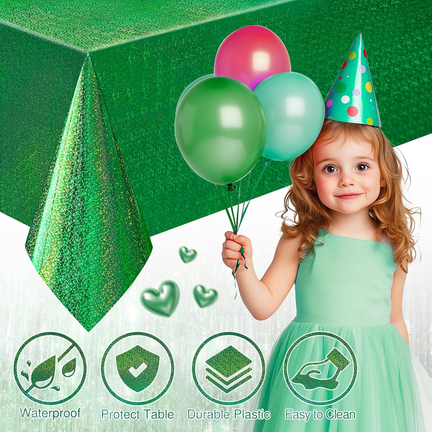Set of 2 Dark Green Holographic Foil Tablecloths - 54x72 Durable Table Covers for Elegant Events, Perfect for Parties, Weddings, and Showers
