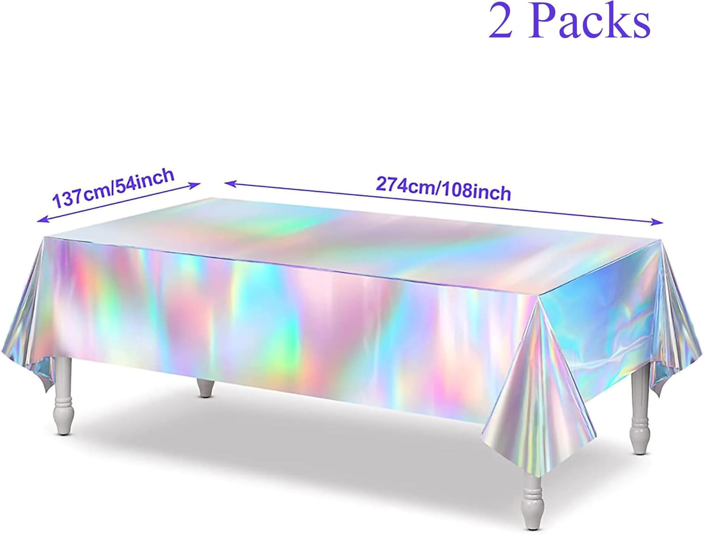 Pastel Foil Fringe Curtains 2 Packs and Iridescent Party Table Cloths 2 Packs for Party Backdrop Decorations