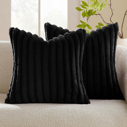 Faux Fur Plush Decorative Throw Pillow Covers Set of 2 Luxury Soft Fluffy Striped Pillowcases Cushion for Sofa Couch Bed Living Room Black 18X18 Inch