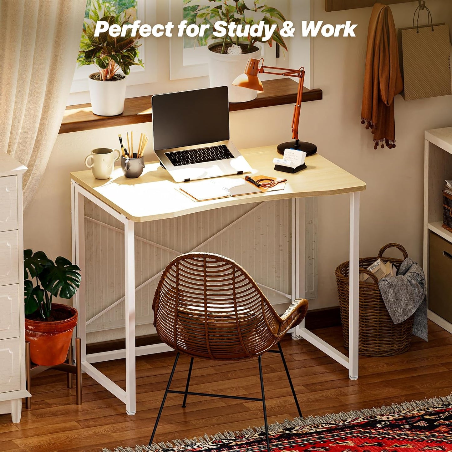 Compact Folding Desk for Small Spaces - 31.5 Inch Oak Computer Table for Home Office, Study, Bedroom, and Dorm Use - Space-Saving Design with Easy Fold Feature