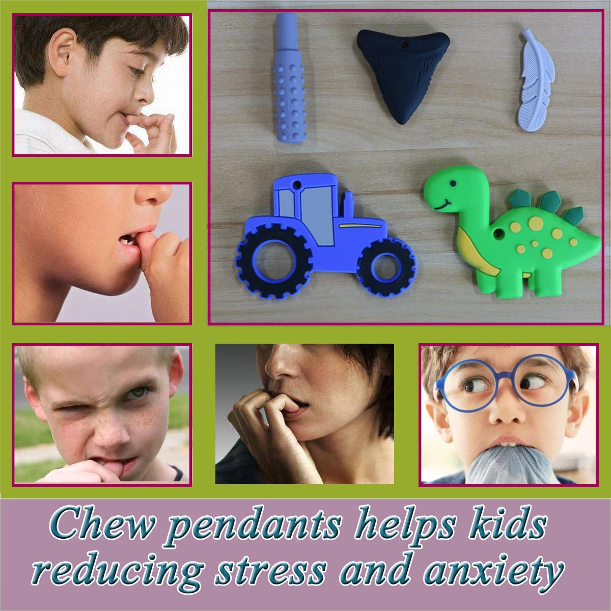 Chew Necklace for Sensory Kids, 5Pcs Chewy Necklaces for Boys and Girls with Autism ADHD PICA, Chewable Silicone Pendant for Reducing Fidget Anxiety,Dinosaur Tractor Chewing Pendants for Toddler