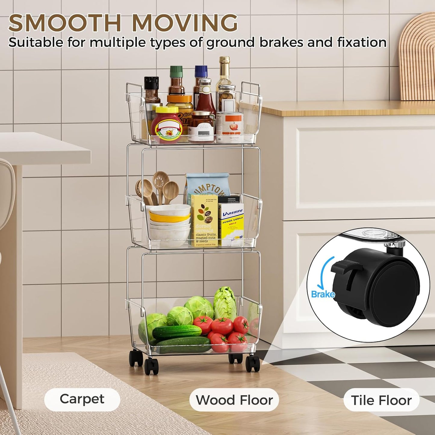 3 Tier Rolling Cart for Kitchen, Bathroom, Office – Acrylic Utility Storage Carts with 2 Lockable Wheels – Ideal for Small Spaces, Pantry, Classroom, Makeup Organizer, Dorm Storage, Clear