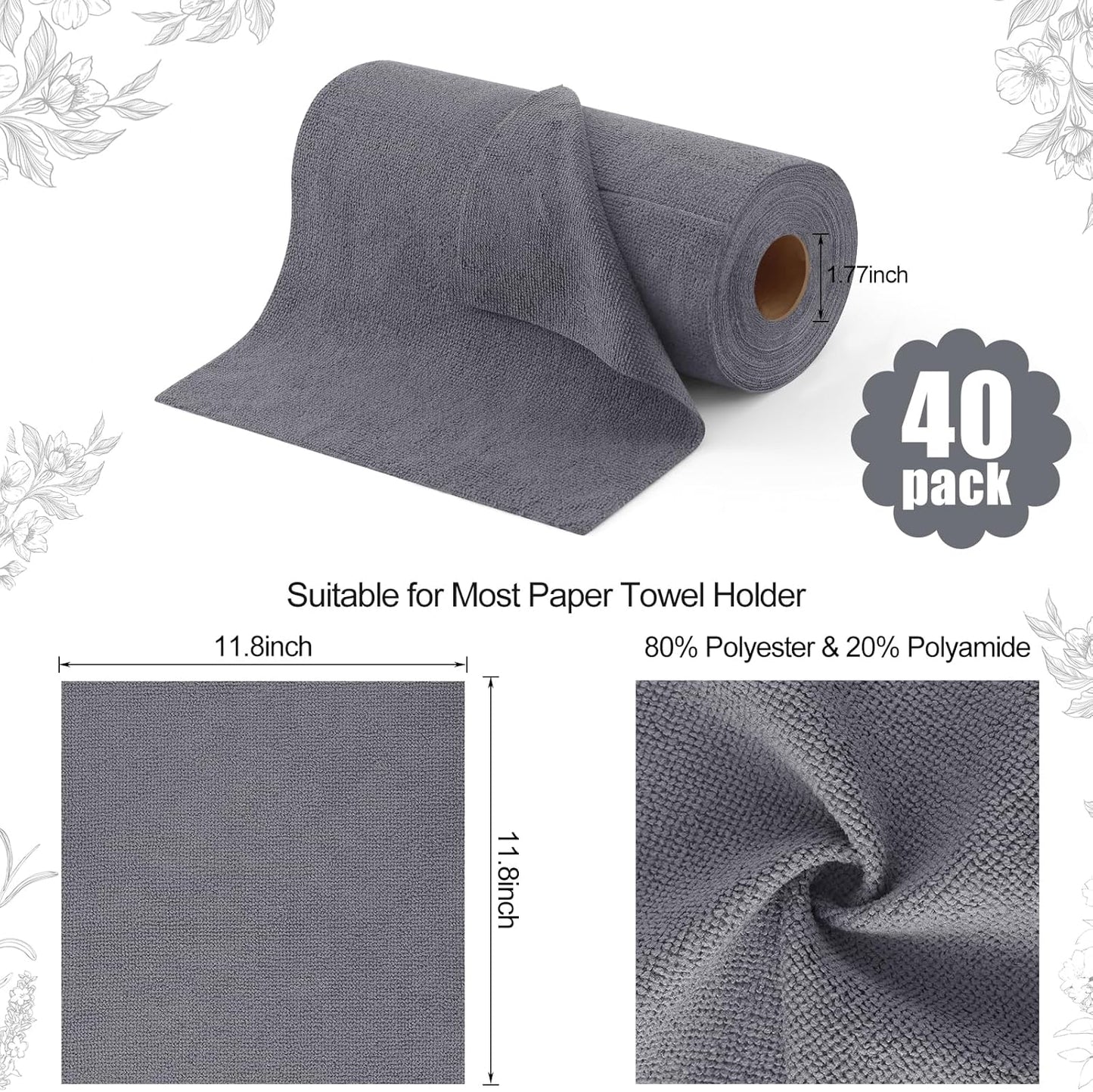 Tear Away Dish Cloths Rolls, 40 Sheets-11.8" X 11.8", Reusable Washable Dish Towels for Kitchen, Ultra Absorbent and Quick Drying Microfiber Cleaning Rags, Grey