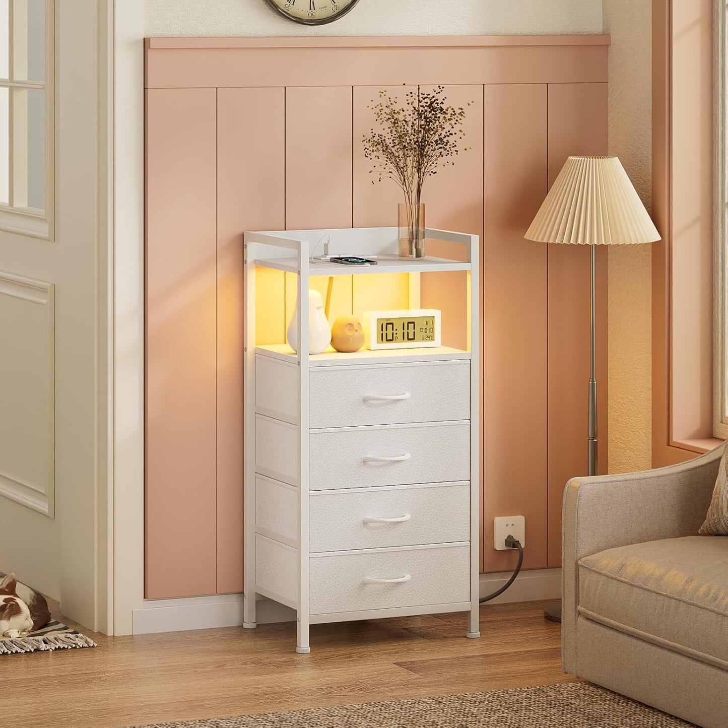 White Nightstand with Charging Station and LED Light, Tall Bedroom Dresser with 4 Fabric Storage Drawers, Metal Frame and Wood Shelf