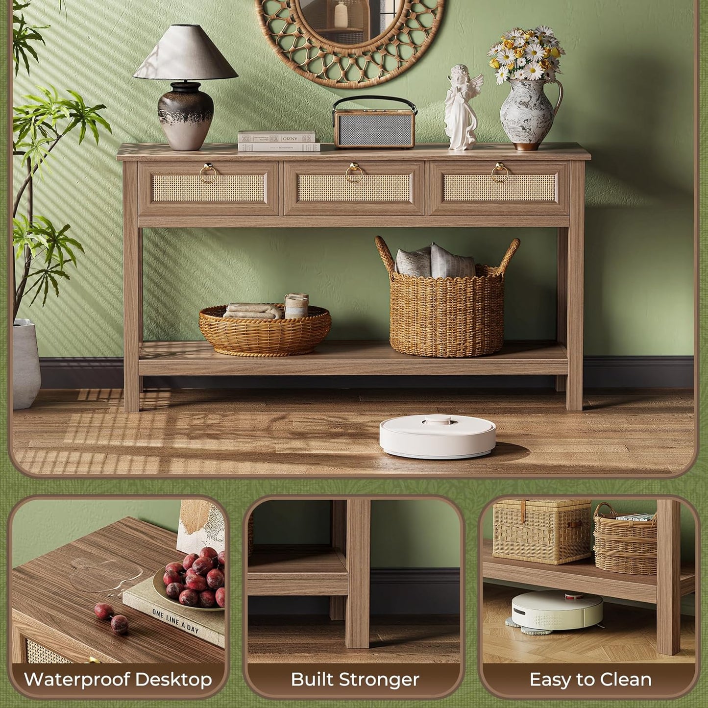 Rattan Console Sofa Table with Integrated Outlets and USB-C Port, 3-Drawer Entryway Table with Synthetic Rattan Surface and Open Shelf for Foyer and Hallway Storage, Brown