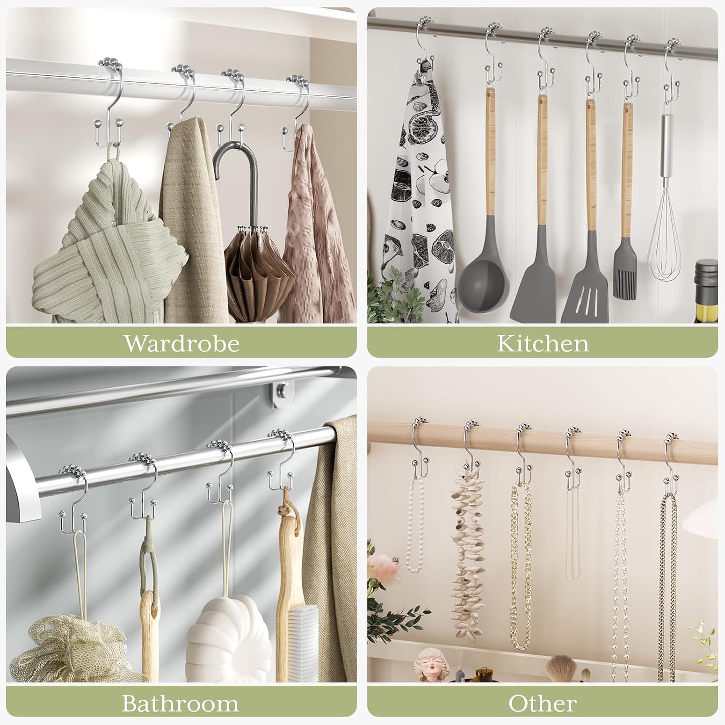 Shower Curtain Hooks Rings, Rust-Resistant Stainless Steel Double Shower Curtain Hooks, Shower Hooks for Shower Curtain and Liner Bathroom, Set of 12, Chrome