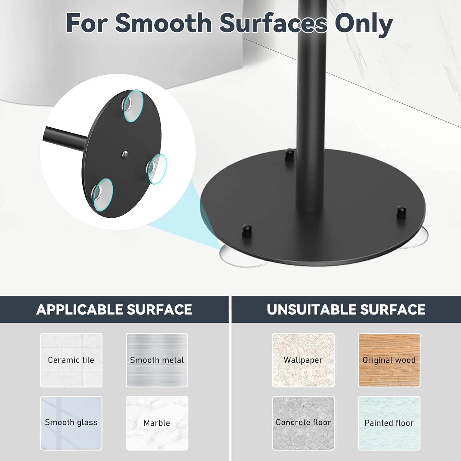 Suction Cup Toilet Paper Holder Stand Free Standing Toilet Paper Holder with Suction Cups, Stainless Steel Toilet Paper Storage for Bathroom, Weighted Base, Black