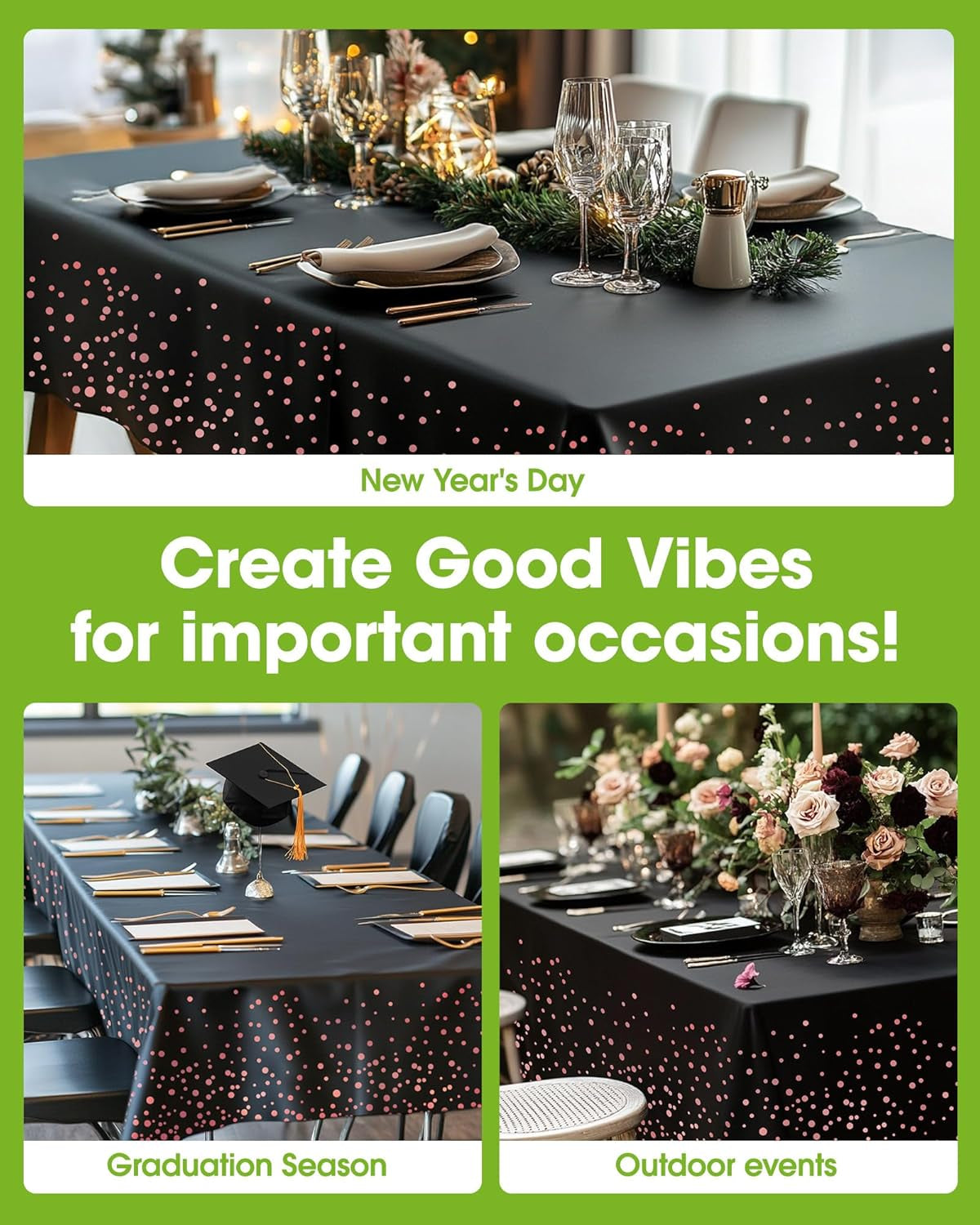Plastic Table Cloth Disposable 10 Pack, 54 X 108 Inch Table Cloths, Graduation Decorations of 2025, Graduation Tablecloths, Rectangle, Plastic Cover, Leakproof & Sturdy, Black and Rose Gold