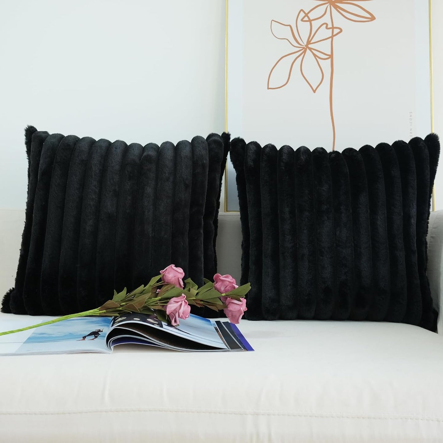 Pack of 2 Faux Fur Plush Decorative Throw Pillow Covers Couch Cushion Case Soft Pillowcases (Black, 20 X 20-Inch)