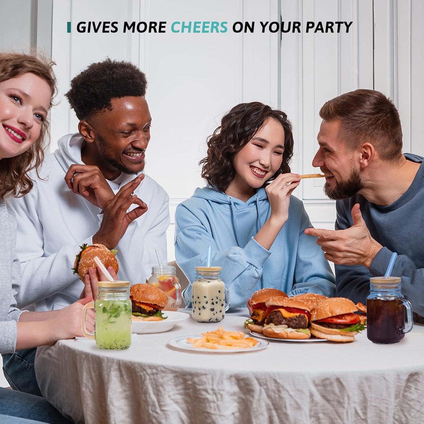 Mason Jars with Handle, Glass Mugs with Straws and Bamboo Lids & Colorful Airtight Lids 4Pcs Set, 16Oz Drinking Glass Cups, Travel Tumbler for Iced Coffee, Smoothie, Overnight Oats Containers