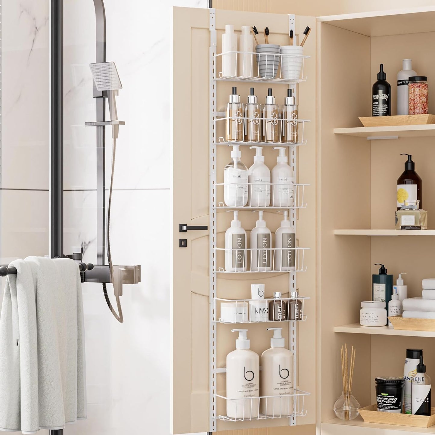 Pantry Door Organizer, Adjustable Metal over the Door Pantry Organizer Rack, 6-Tier over the Door Spice Rack, Kitchen Pantry Door Organizers and Storage, D5 W12 H52.1 Inch, White, Small