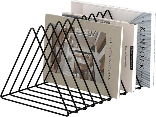 Triangle Desk Organizer - Metal Wire Magazine Holder, 10 Sections, Decorative File Folder Organizer, Vinyl Record Storage, Office File Holder - Black