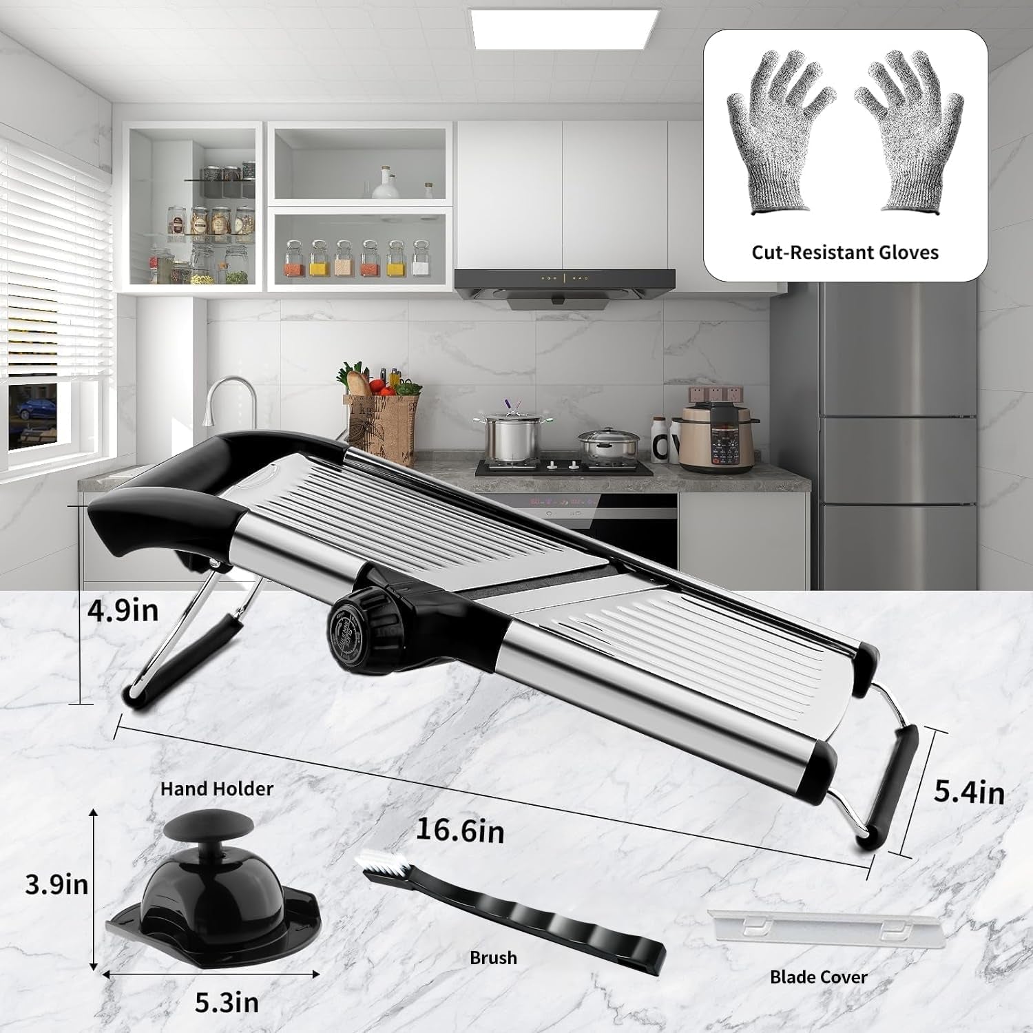 Mandoline Slicer, Mandoline Slicer for Kitchen, Adjustable Mandolin, Stainless Steel Mandoline, Vegetable Slicer, Potato, Onion, Cucumber, Tomato, Veggie Slicer with Cut-Resistant Gloves