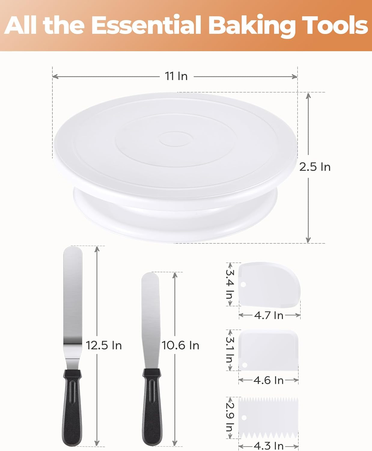 Cake Decorating Kit Baking Supplies Cake Turntable with 2 Frosting Straight Angled Spatula 3 Icing Smoother Scrapers Baking Accessories Tools for Beginners and Pros, White