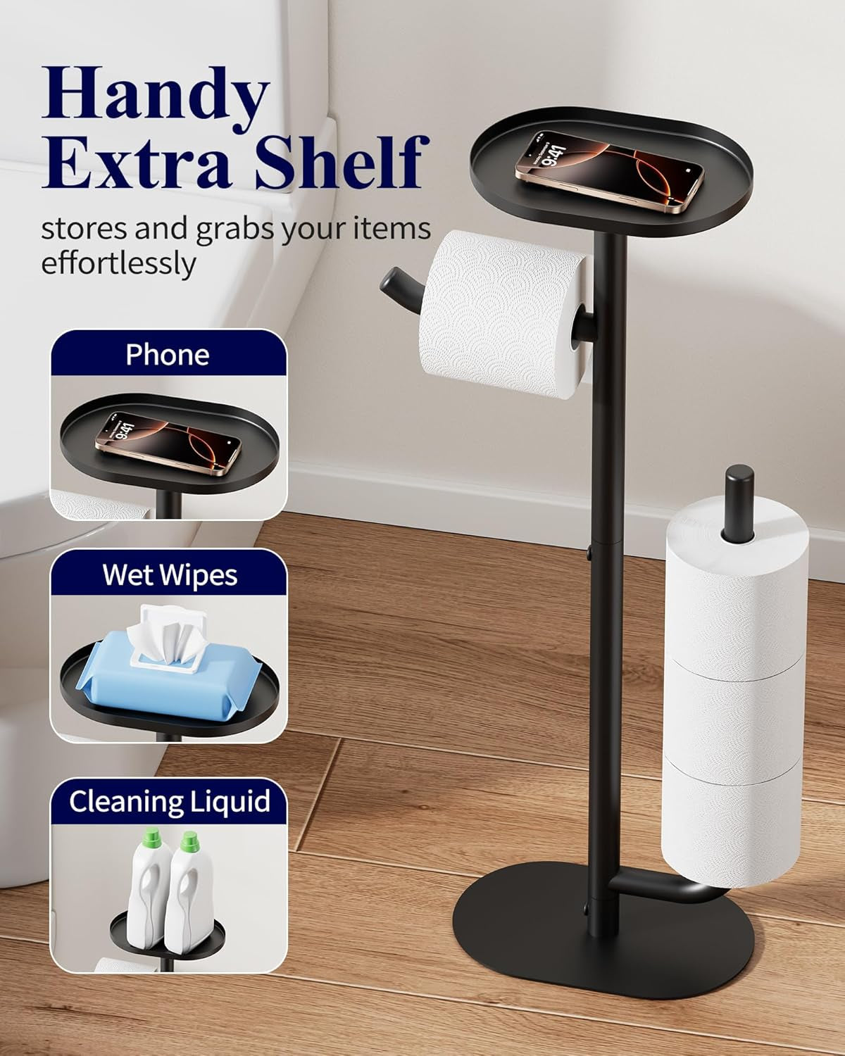 Toilet Paper Holder Stand - Spacious Toilet Paper Storage for 4 Rolls, Rustproof Bathroom Organizers and Storage with Shelf for Phone & Small Items, 9.1"×5.8"×27.6", Black
