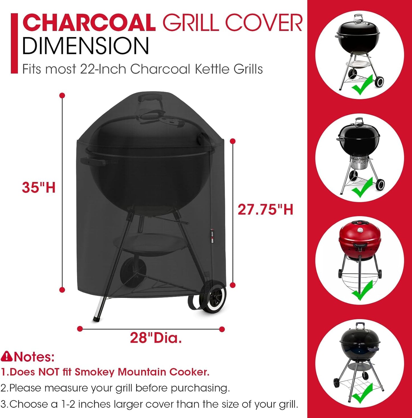 round Kettle Grill Cover Compatible with Weber 22 Inch Charcoal Grill, Waterproof Vinyl Exterior with Polyester Lining, Outdoor Charocoal BBQ Smoker Cover, Compared to Weber 7176