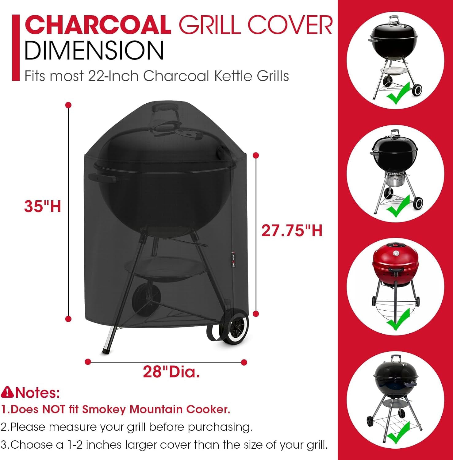 round Kettle Grill Cover Compatible with Weber 22 Inch Charcoal Grill, Waterproof Vinyl Exterior with Polyester Lining, Outdoor Charocoal BBQ Smoker Cover, Compared to Weber 7176