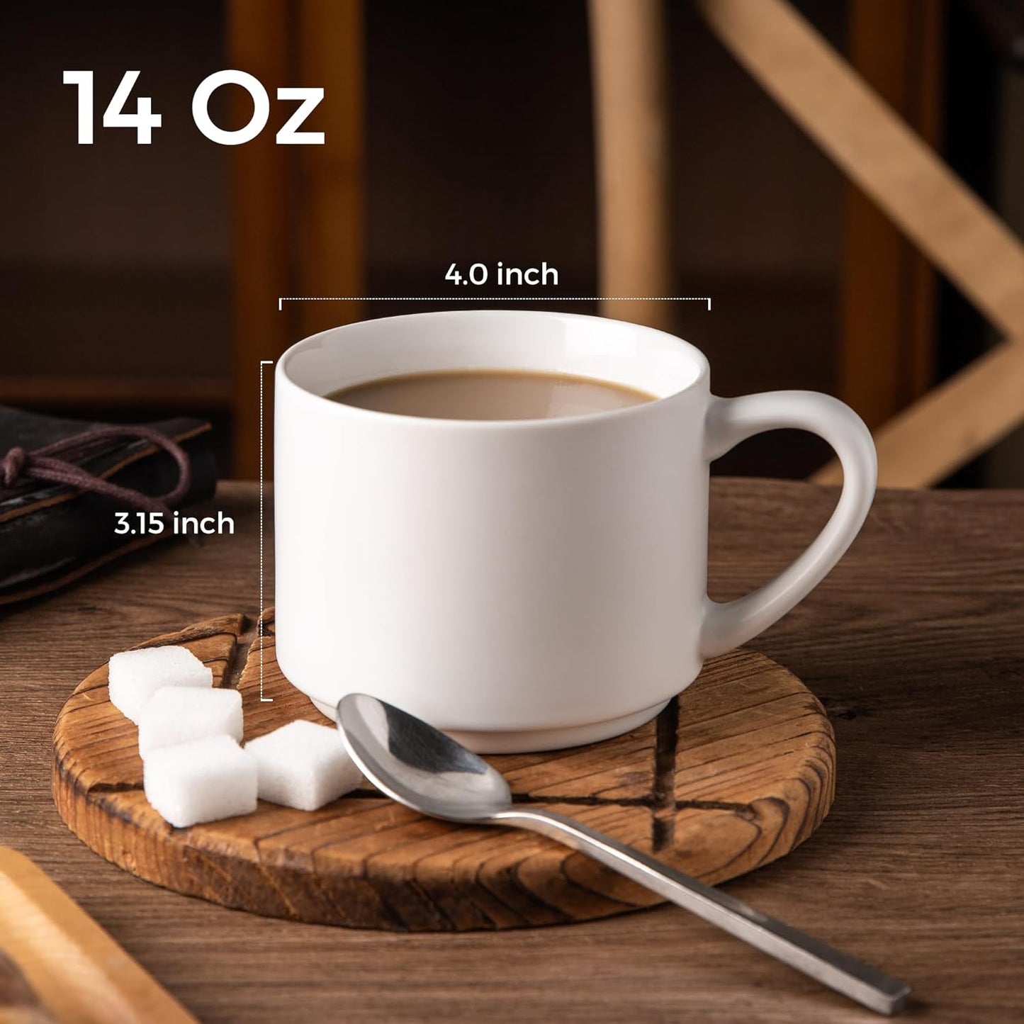 14 oz Stackable Ceramic Coffee Mug Set of 6, Modern Design for Latte, Tea, and Cappuccino, Dishwasher and Microwave Safe, Matte White Finish
