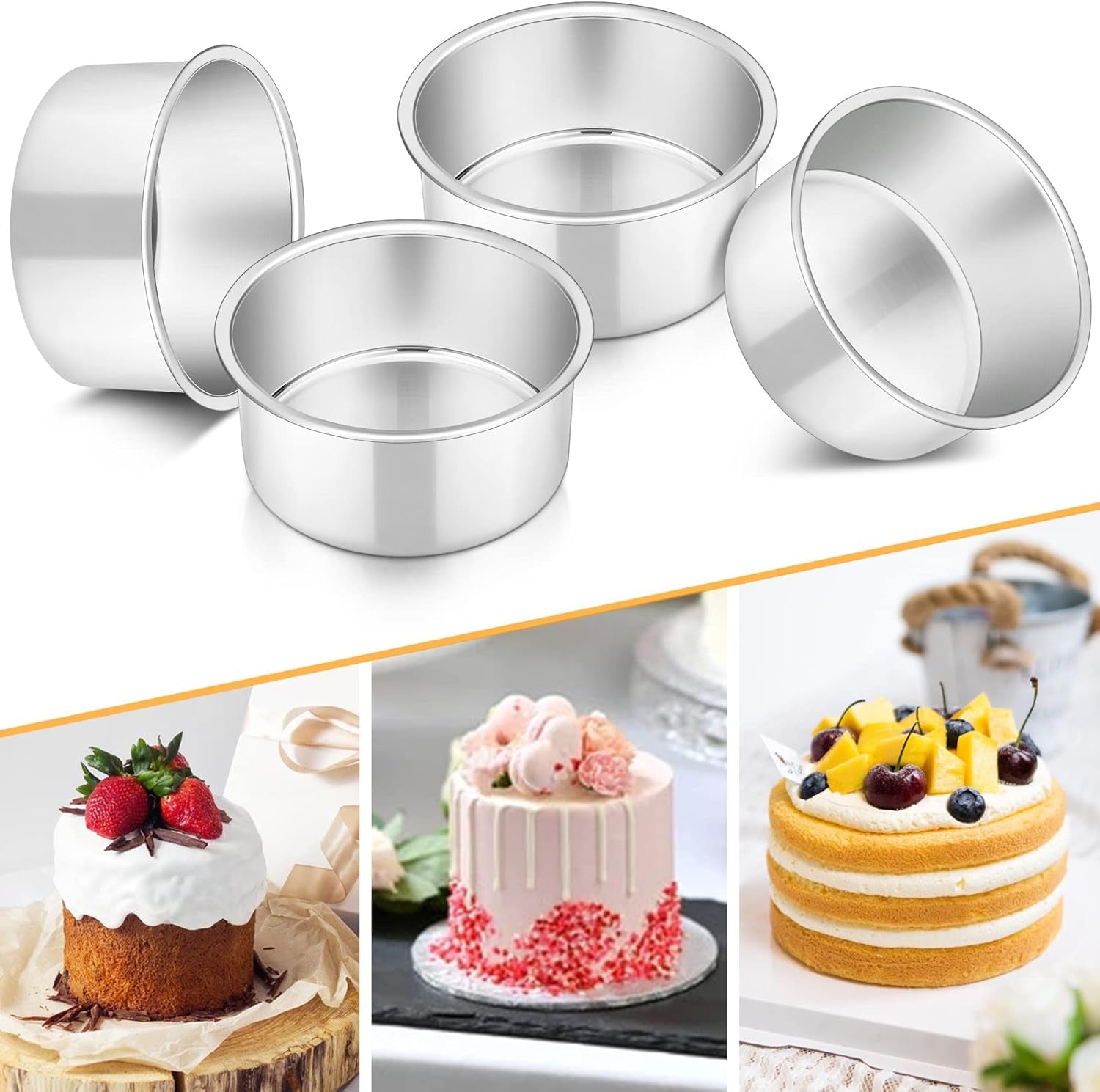 Cake Pan Set of 4, Stainless Steel Baking round Cake Pans Tins Bakeware for Birthday Wedding, Leak-Proof & Easy Clean, Mirror Finish & Easy Releasing, 4 Inch