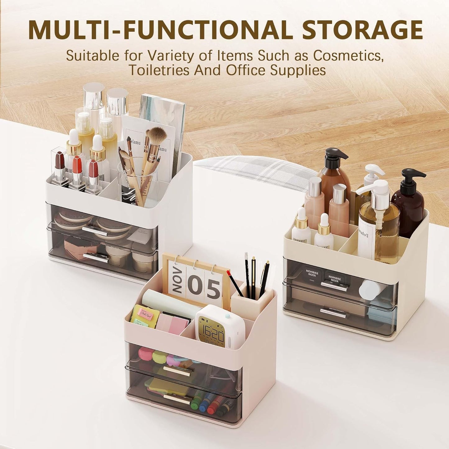 Makeup Organizer Countertop, 3-Tier Large Capacity Bathroom Counter Organizer with 2 Clear Drawers for Easy Access, Ideal for Makeup, Skincare, Lipsticks, Office Supplies, Present, Etc, Pink