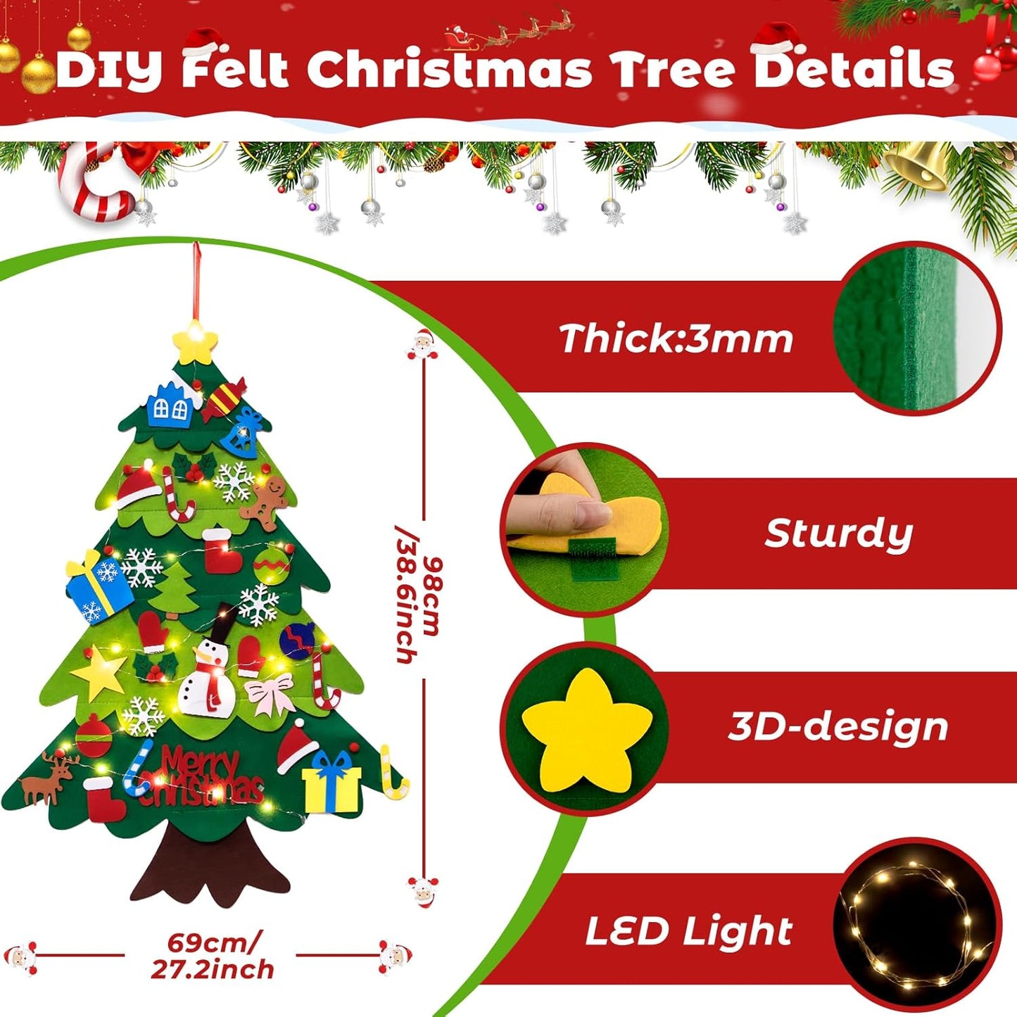 Felt Christmas Tree Set for Toddlers Kids with 3M/9.8Ft Led String Light, 3.2Ft/98Cm Wall Hanging DIY Christmas Tree with 32 Detachable Ornaments for Xmas Home Decoration