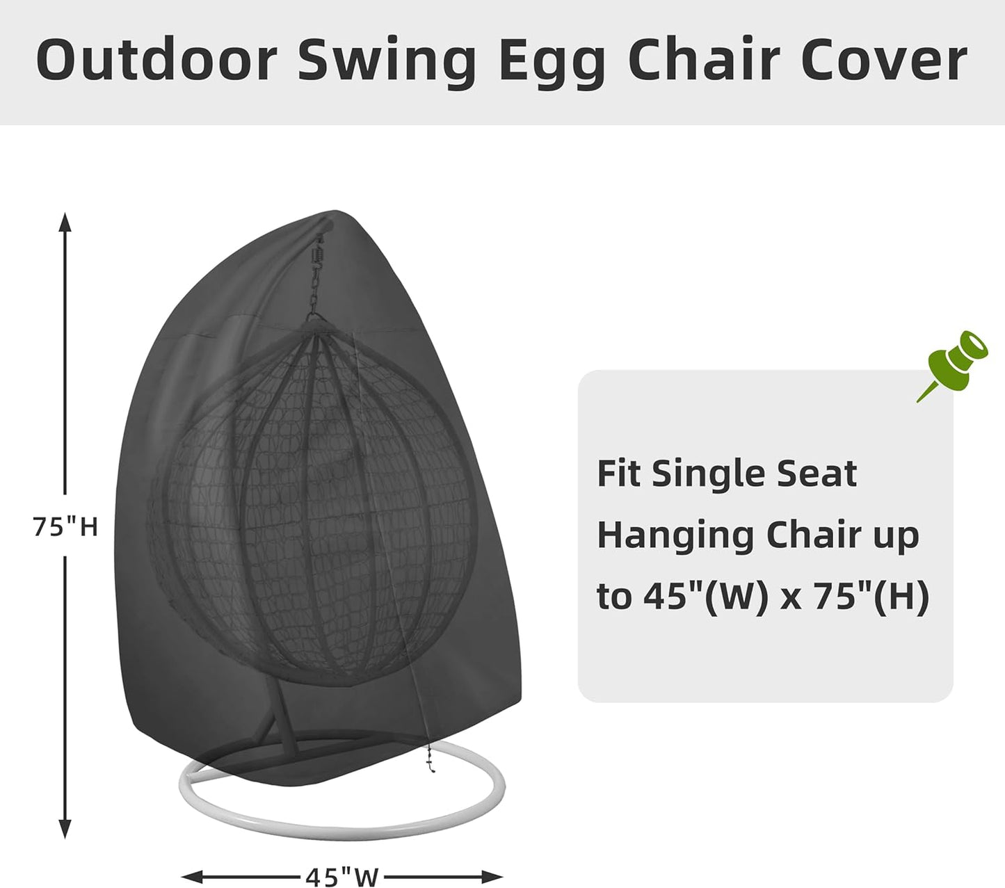Patio Hanging Egg Chair Cover, UV Resistant Waterproof Outdoor Single Seat Swing Chair Cover with Zipper, Black