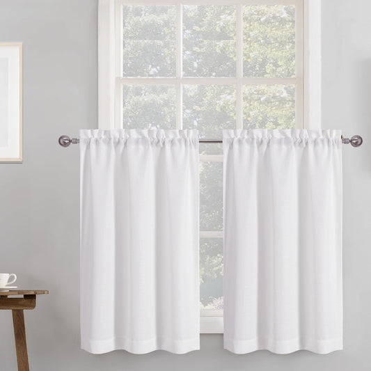 2 Panels White Curtains 24 Inch Length Tier Curtain, Faux Linen Textured Small Cafe Curtains, Light Filtering Short Camper Curtain for RV Window Bathroom, 30X24 Inch, 2PCS