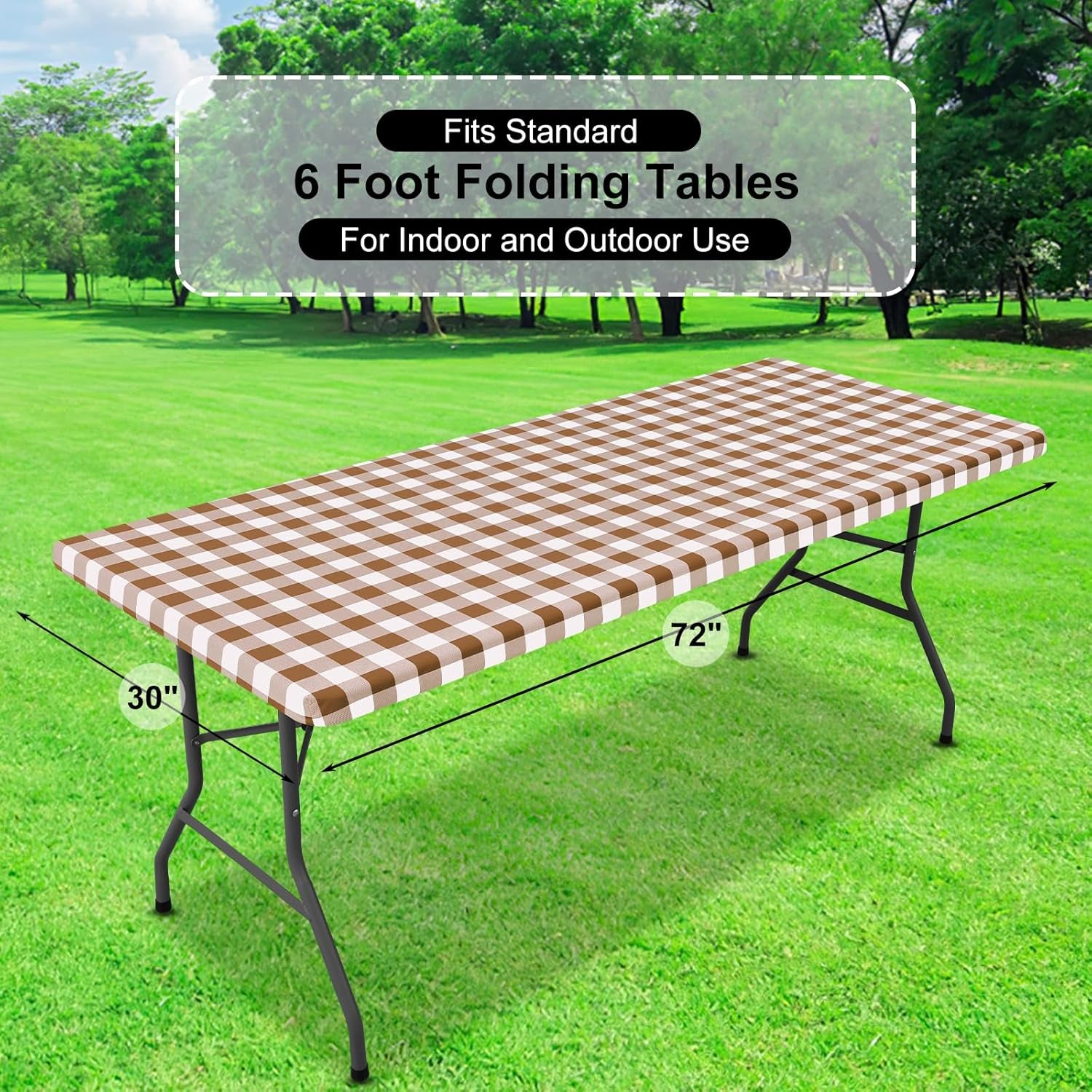 Buffalo Rectangle Picnic Tablecloth, 6 Foot Elastic Fitted Vinyl Table Cloth with Flannel Backing, Waterproof Plaid Table Covers for Dining, Camping, Outdoor (Brown and White, 30" X 72")